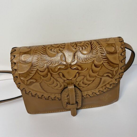 PATRICIA NASH Lanza Tooled Burnished Tan Leather Crossbody Bag Organizer Purse - Picture 2 of 10